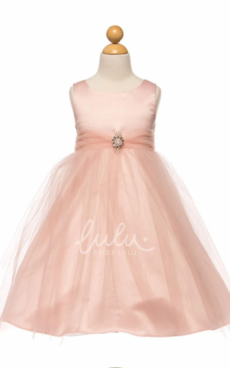Beaded Tulle&Satin Tea-Length Flower Girl Dress with Broach and Tiered Skirt