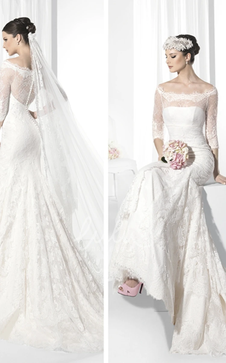 Illusion Lace Half-Sleeve Sheath Wedding Dress with Tiered Bateau-Neck Modern Bridal Gown