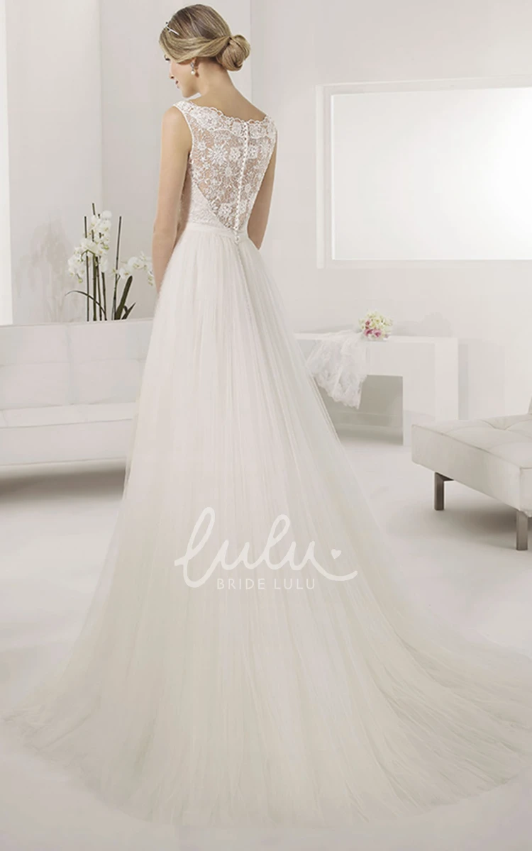 Lace Top Tulle A-line Wedding Dress with Pleats and Waist Flower