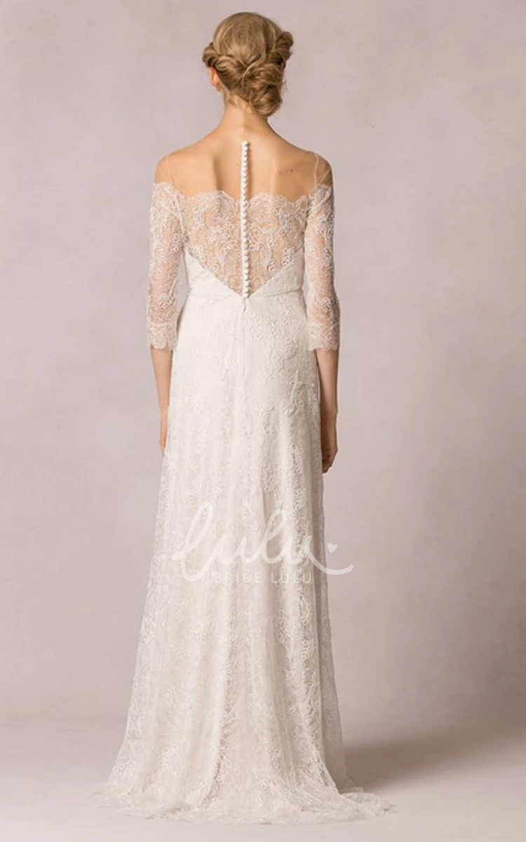 Off-Shoulder Lace Sheath Wedding Dress with 3/4 Sleeves