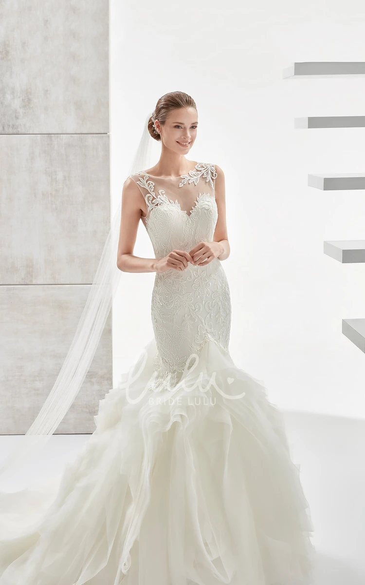 Illusive Design Mermaid Wedding Dress with Jewel Neckline and Ruffled Train Unique Bridal Gown