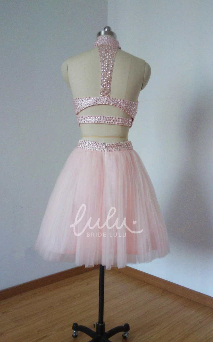 Two Piece Halter Beaded Tulle Cocktail Dress Lovely Prom Dress