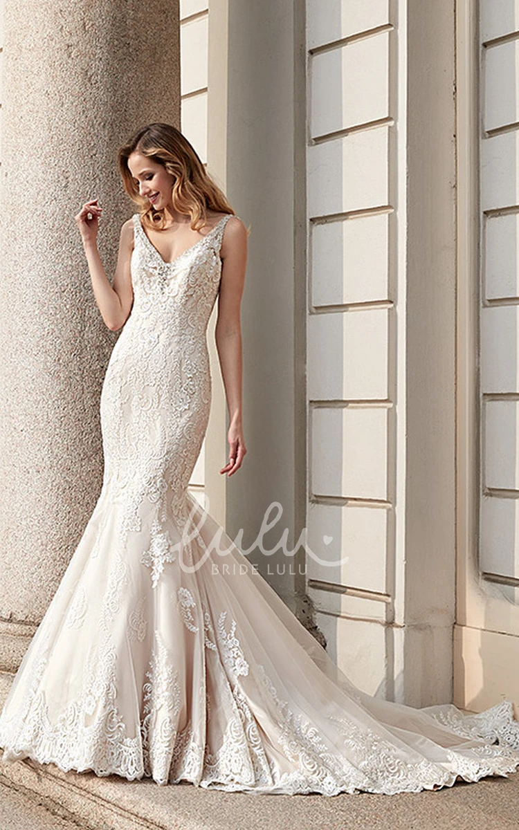 Trumpet Lace and Tulle Wedding Dress with V-Neck Appliques and Pleats Modern Bridal Gown