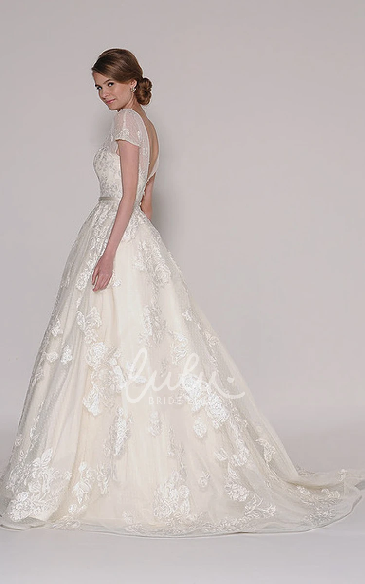 Lace Applique V-Back Wedding Dress Ball Gown with Short Sleeves and Bateau Neckline