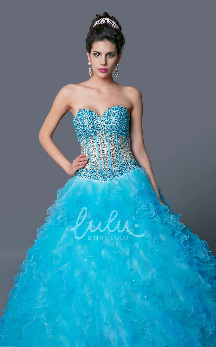 Organza Ball Gown Prom Dress with Sweetheart Sleeveless Neckline Beading and Ruffle