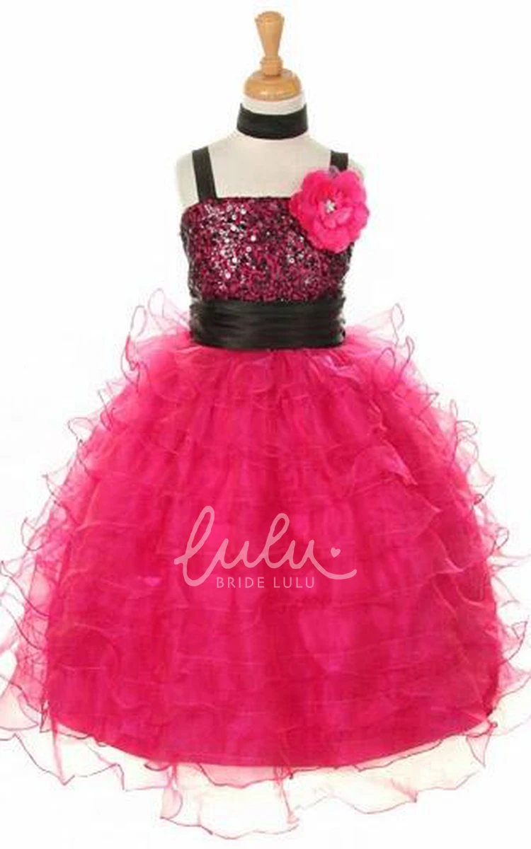 Floral Organza Flower Girl Dress with Sash Ankle-Length