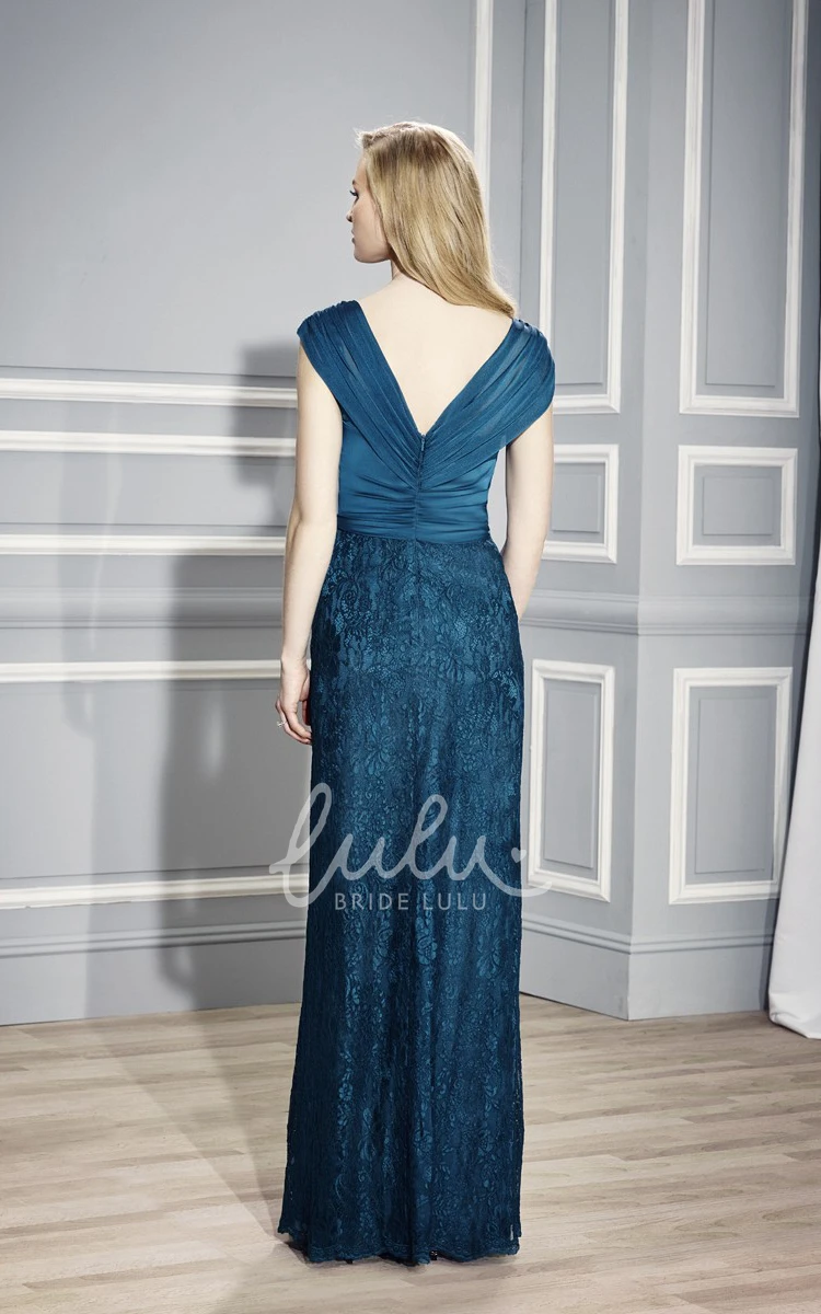 Sheath Lace Floor-Length Formal Bridesmaid Dress with V-Neck and Ruching