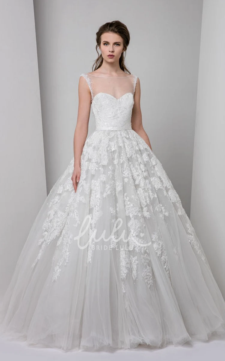Sleeveless Appliqued Tulle Wedding Dress with Bateau Neckline Illusion Back and Ruffles Unique Bridal Gown
