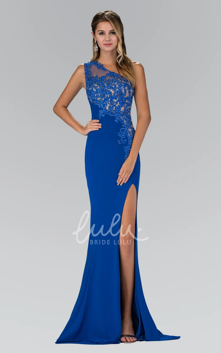 One-Shoulder Sleeveless Jersey Formal Dress with Front Split and Appliques in Sheath Style