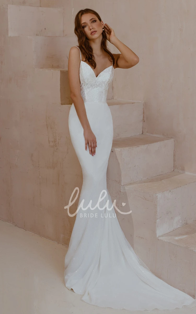 Satin Lace Mermaid Wedding Dress with Spaghetti Straps & Sweep Train