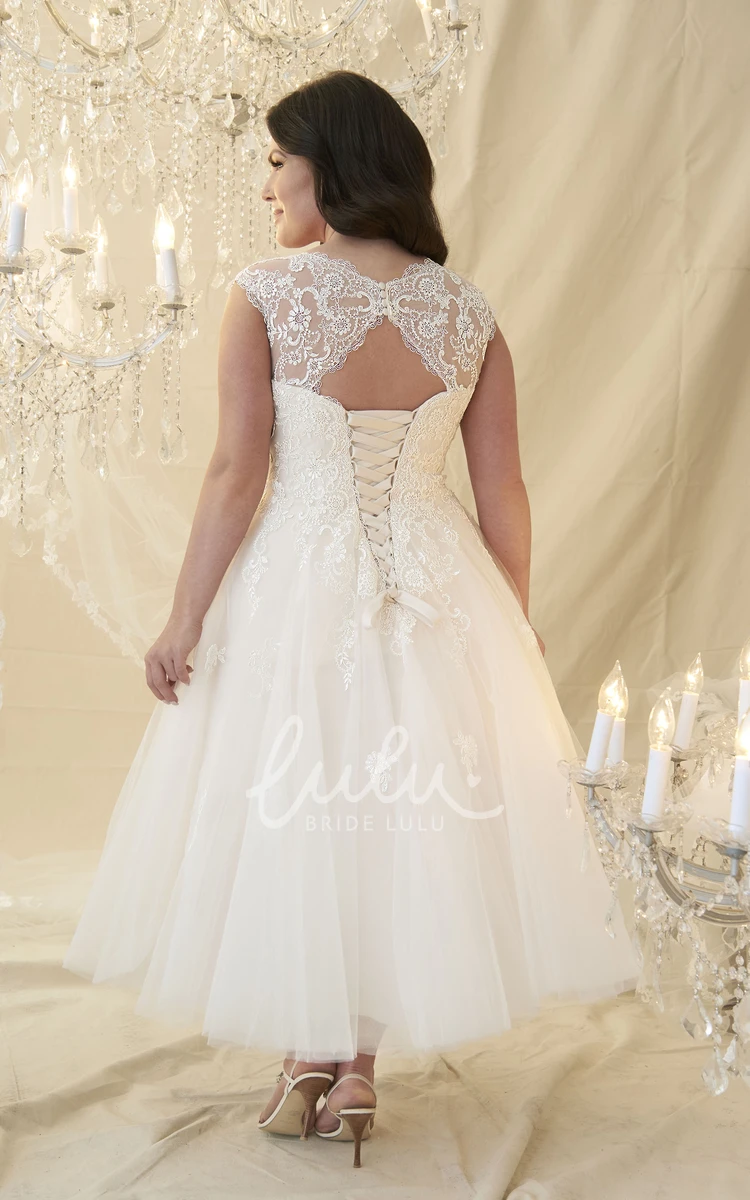 Tea-Length Cap-Sleeve Lace&Tulle Plus Size Wedding Dress with Appliques Unique Bridal Dress