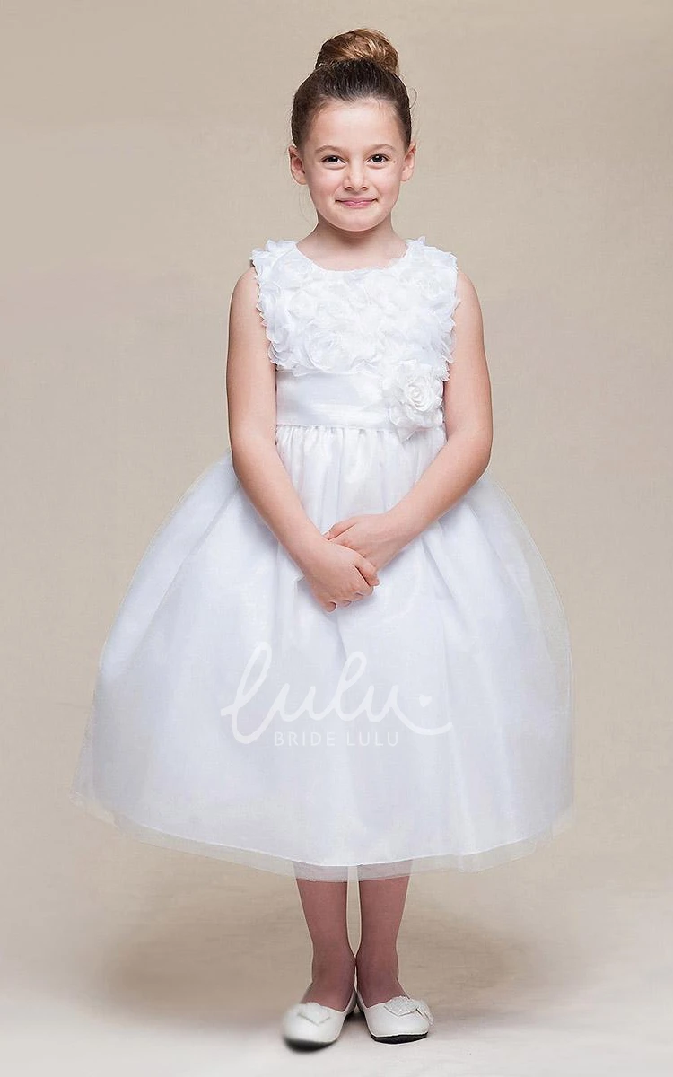 Empire Tulle Tea-Length Flower Girl Dress with Floral Embroidery and Tiered Skirt