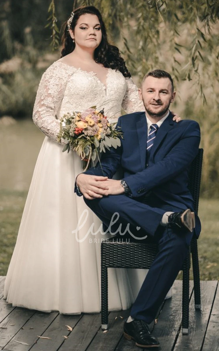 Long Sleeved A Line Lace Wedding Dress with V-neck and Floor-length