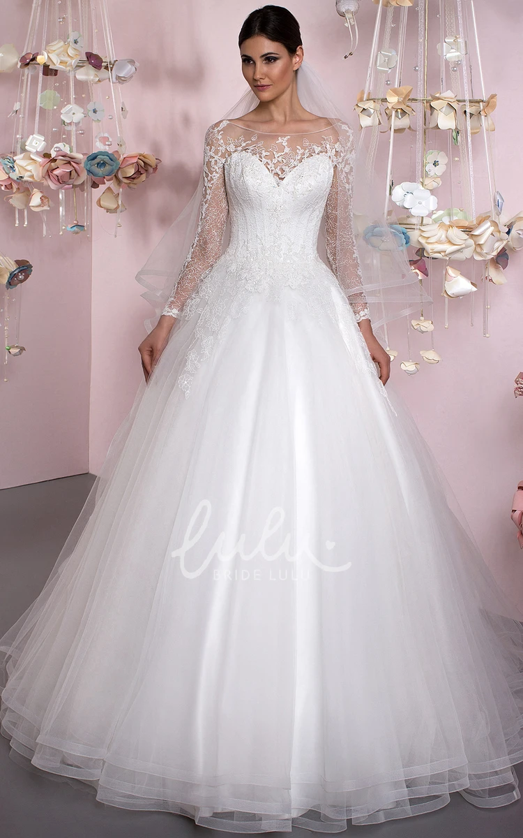 Long Sleeve Appliqued Tulle Ball Gown Wedding Dress