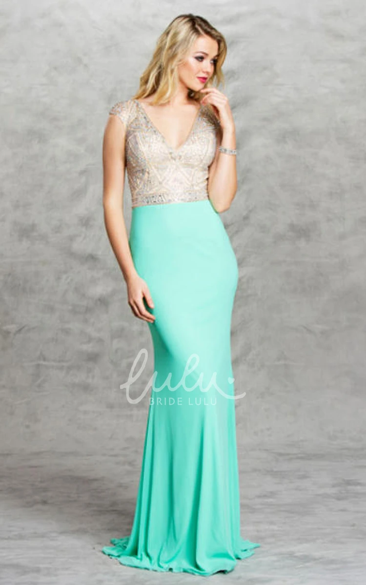 V-Neck Cap-Sleeve Jersey Prom Dress with Keyhole and Beading