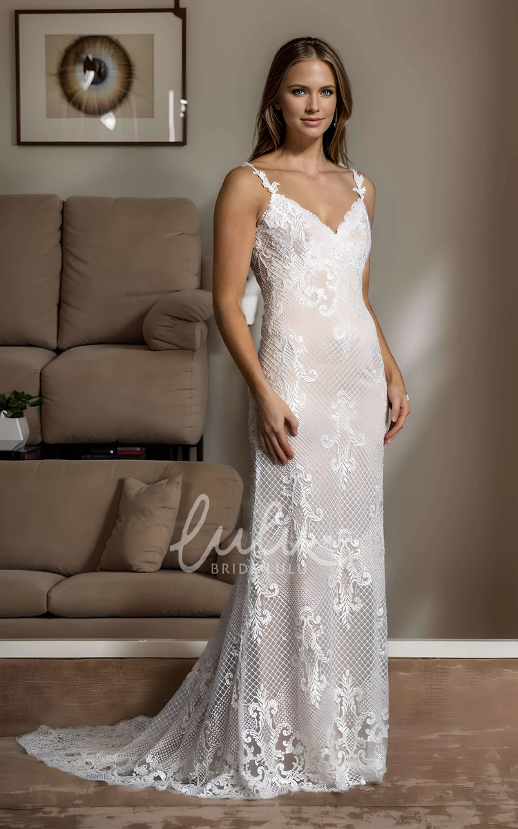 Elegant Modern Boho Lace Embroidered Sheath Wedding Dress Sexy Romantic Sleeveless Backless Sweep Train Bridal Gown