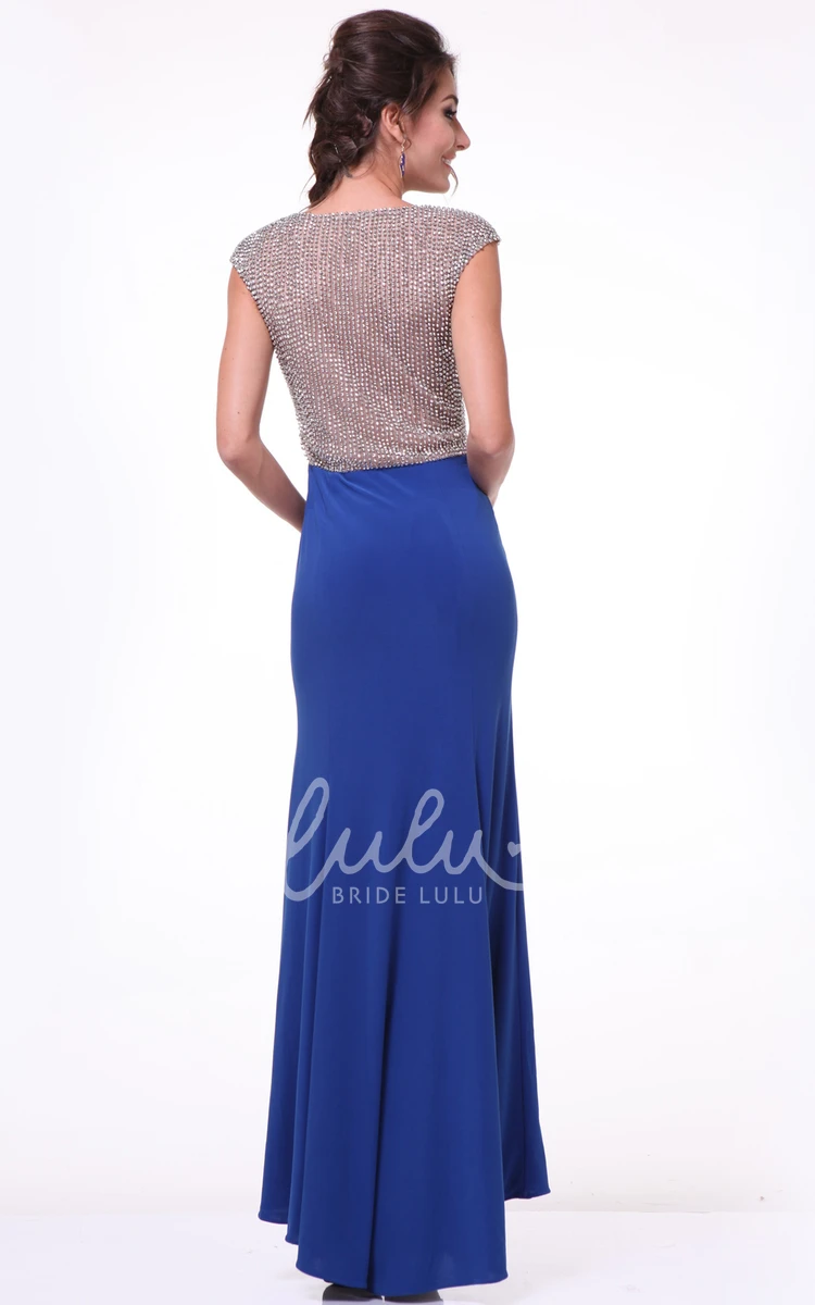 Floor-Length Scoop-Neck Cap-Sleeve Jersey Dress With Beading Sheath