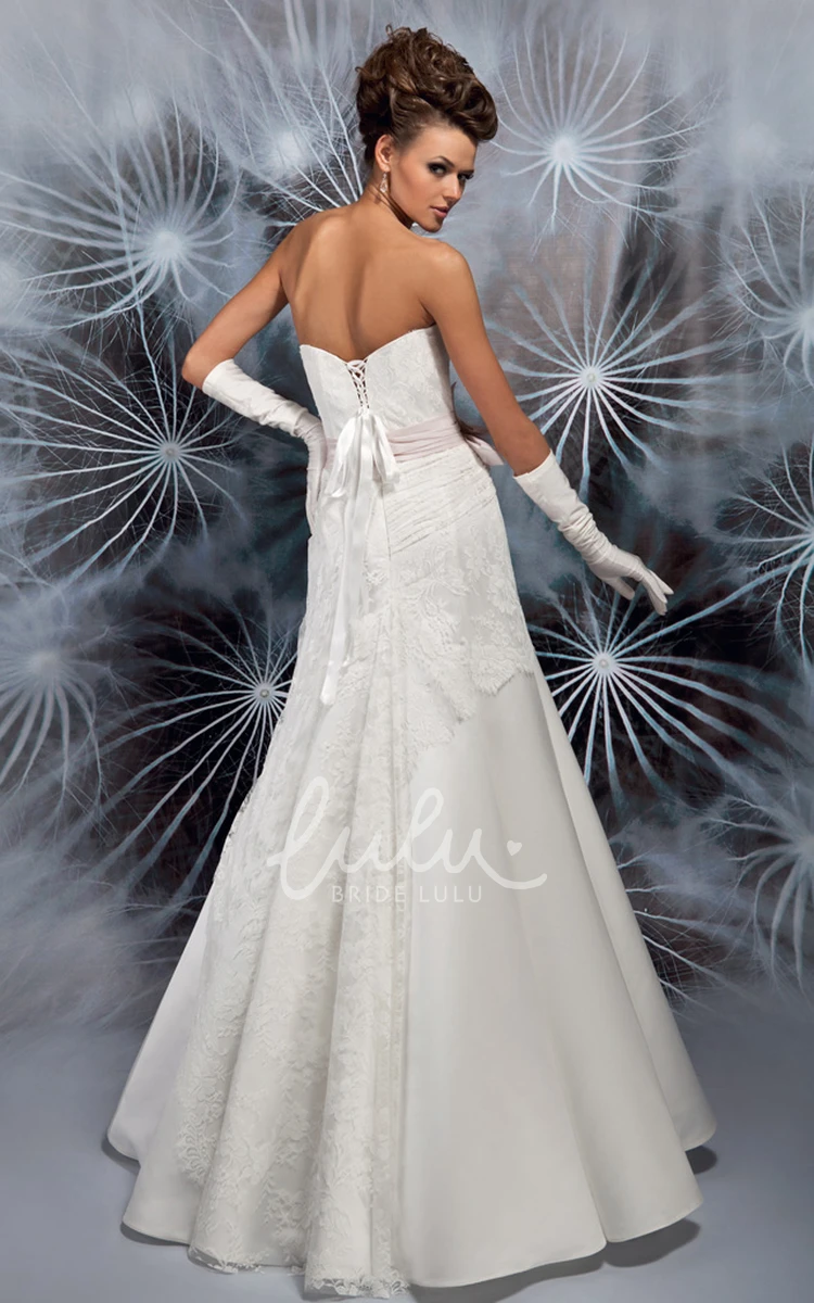 Strapless Lace Satin Wedding Dress with Ruching A-Line Maxi Style