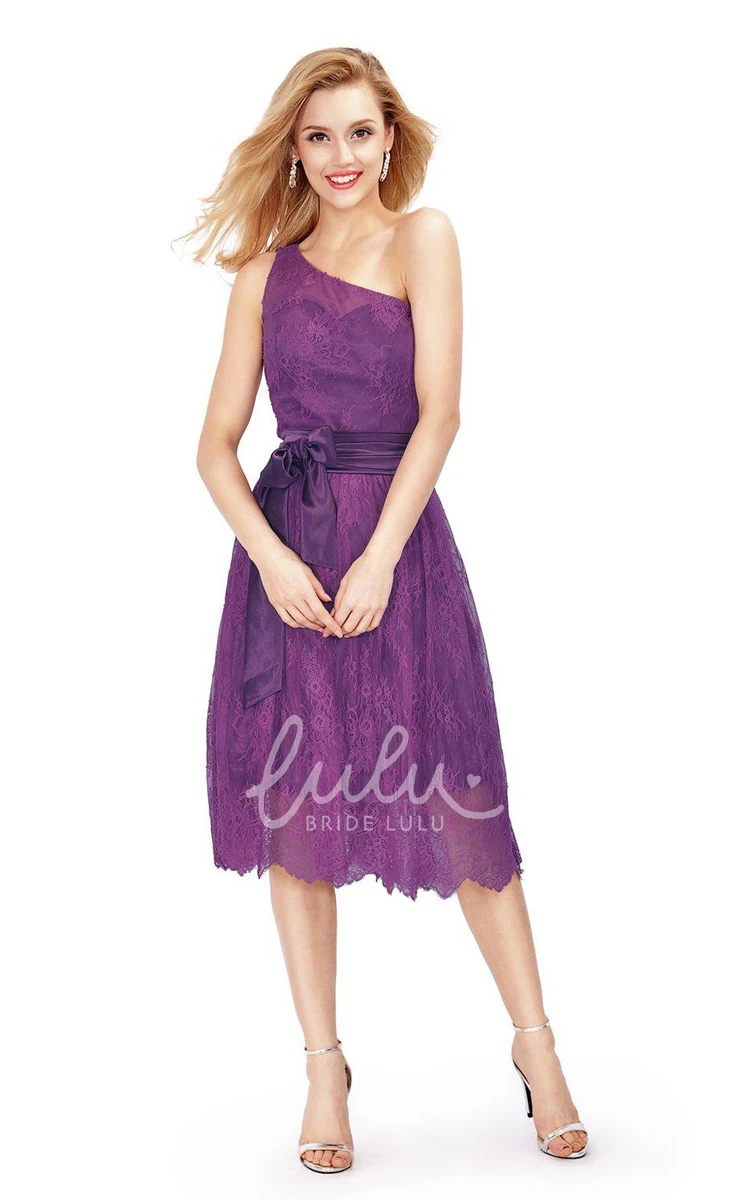 Lace and Bow Tea-length Dress with One-Shoulder Unique and Classy