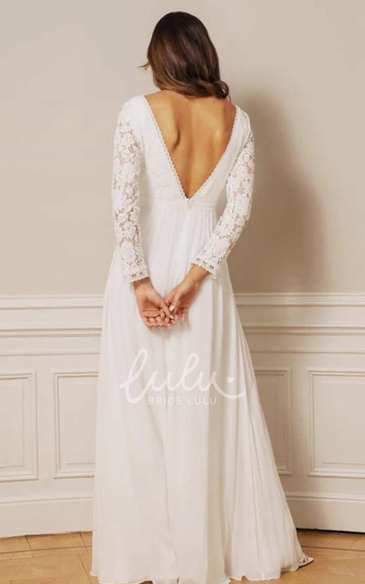 Long Sleeve Chiffon Lace A Line Wedding Dress with Deep-V Back and Bateau Neckline Boho and Romantic