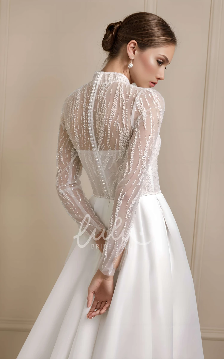 Modern Unique A-Line High Neck Long Sleeve Fall/Winter Embroidered Wedding Dress Beach Elegant Bohemian Lace Sequins Pearl Organza Bridal Gown with Train