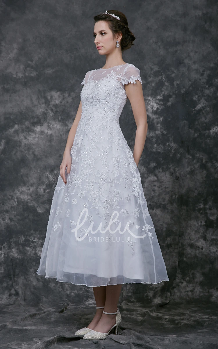 Tea-length Lace Wedding Dress with Short Sleeves