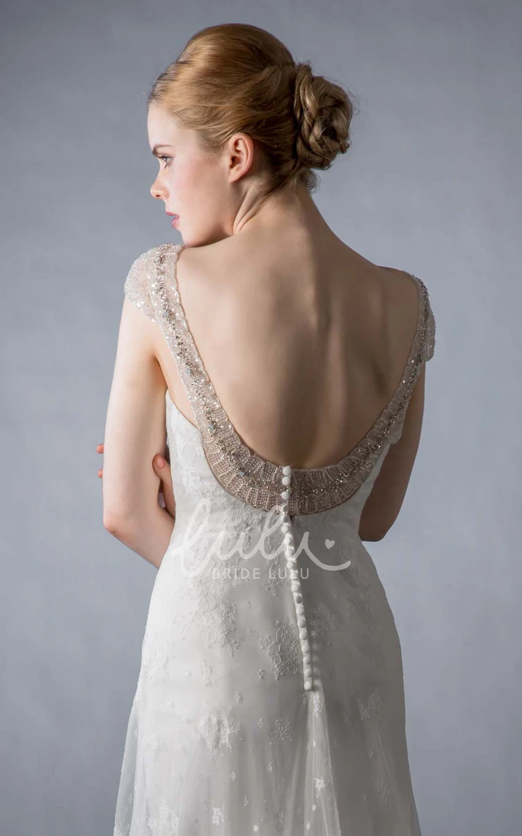 Lace Appliqued A-Line Wedding Dress with Cap-Sleeves and Deep-V Back