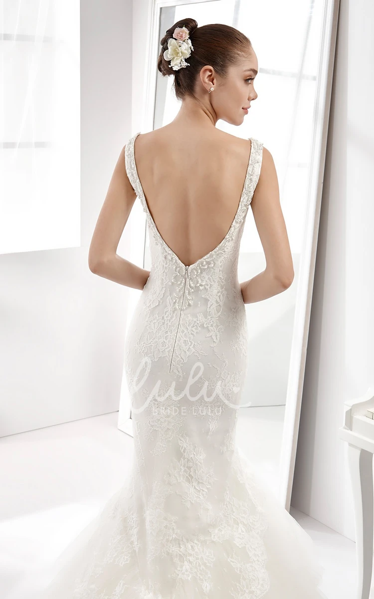 Deep-V Sheath Lace Wedding Dress with Tulle Train and Open Back