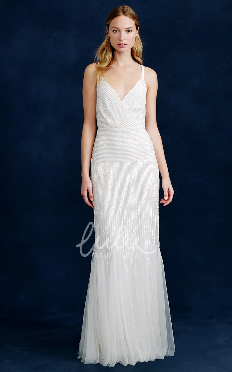 Tulle Beaded Sheath Wedding Dress with V-Neck Sleeveless Design and Tiers