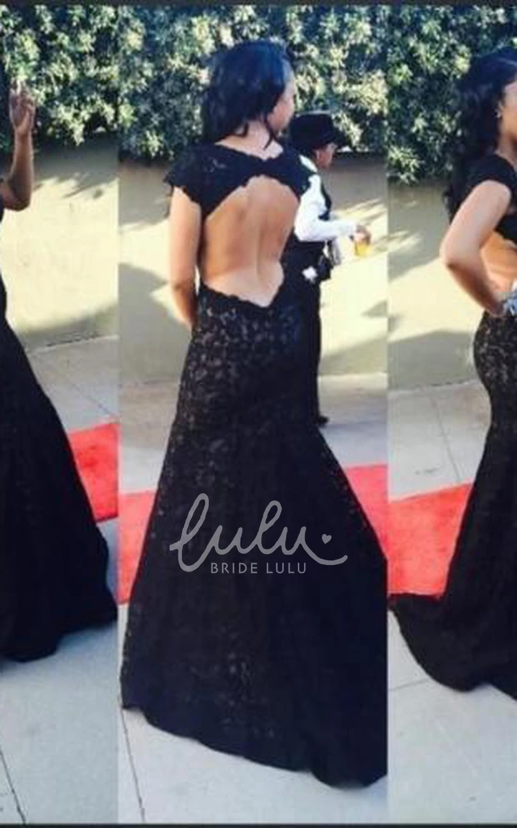 Black Lace Mermaid Cap Sleeve Prom Dress Modern Women's Formal Dress Sweep Train