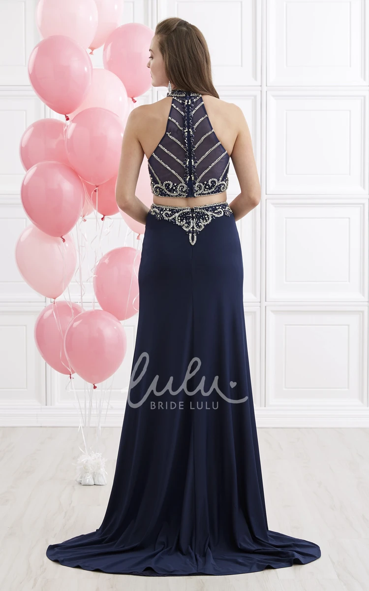 High Neck Sleeveless Sheath Jersey Prom Dress with Illusion and Beading