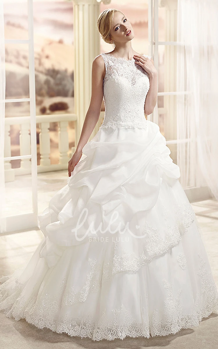 Lace&Organza A-Line Wedding Dress with Appliques Bateau-Neck Pick-Up Floor-Length