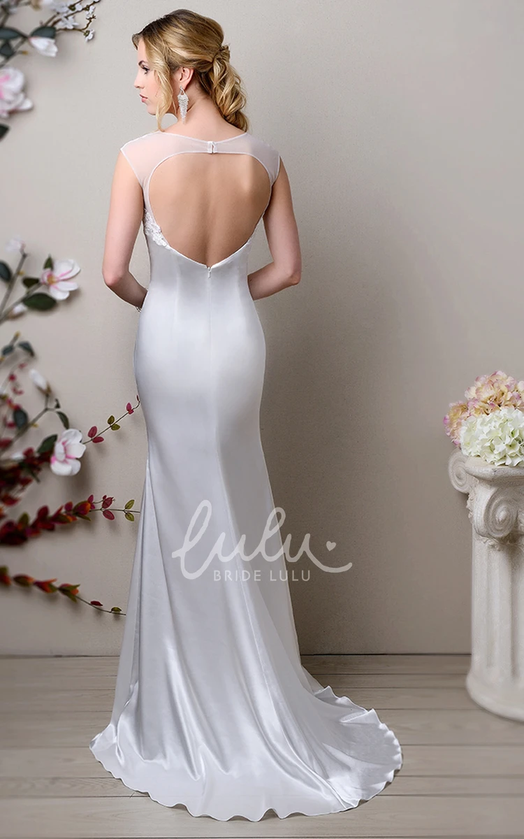 Satin Bateau Neck Wedding Dress with Lace Appliques and Sheath Silhouette