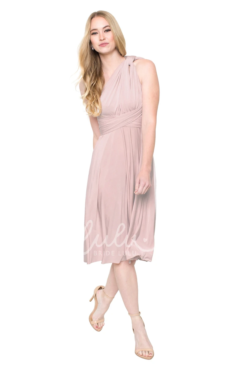 One-Shoulder Ruched Chiffon Bridesmaid Dress Tea-Length Sleeveless Convertible Multi-Color