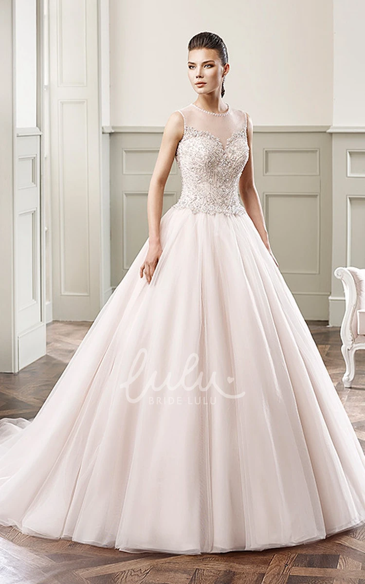 Beaded Scoop-Neck Tulle Ball Gown Wedding Dress Sleeveless Floor-Length Bridal Dress