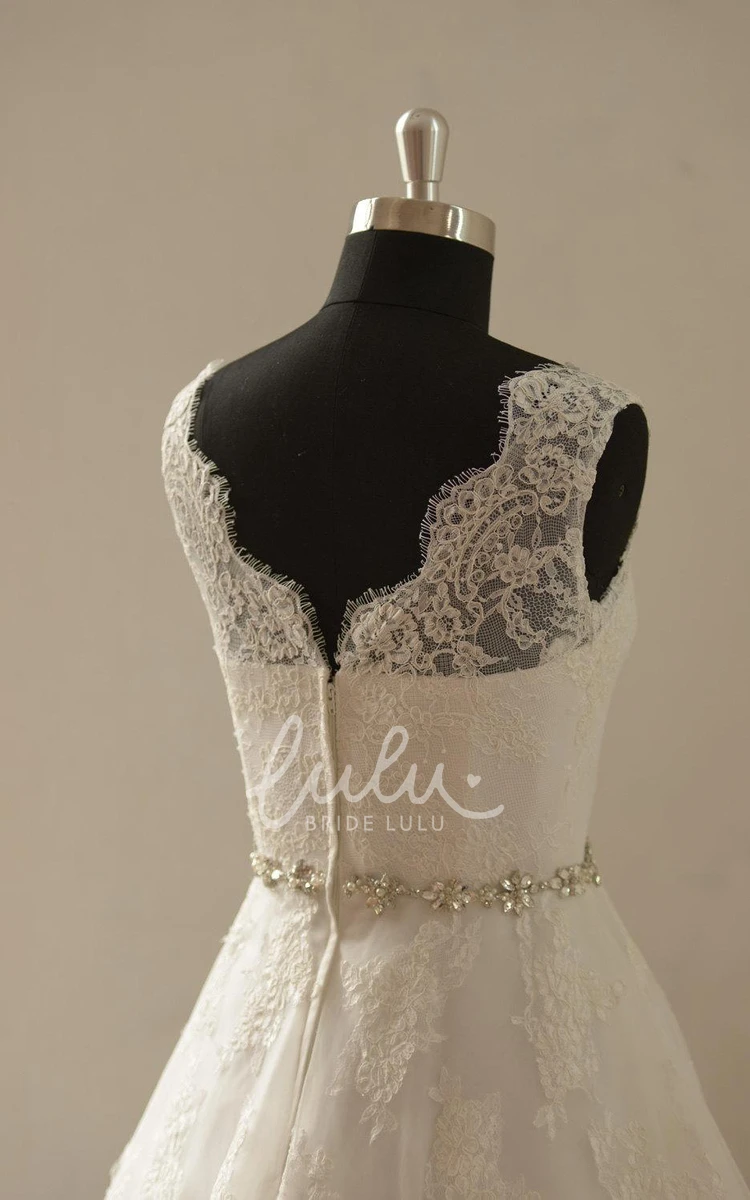 A-Line Lace Wedding Dress with Beaded Sash Train and Sleeveless Design