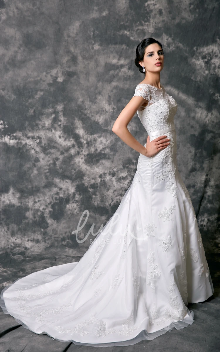 Beaded Lace Cap Sleeve Wedding Dress with Appliques