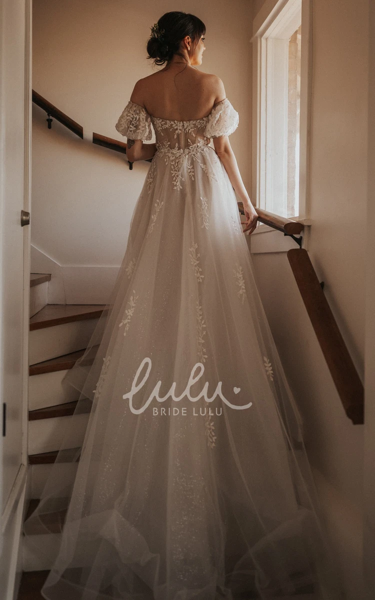 Modern A Line Tulle Wedding Dress Off-shoulder Train Romantic Garden