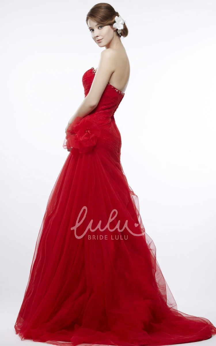 Beaded A-Line Strapless Tulle&Lace Prom Dress with Ruffles and Flower Classy Prom Dress