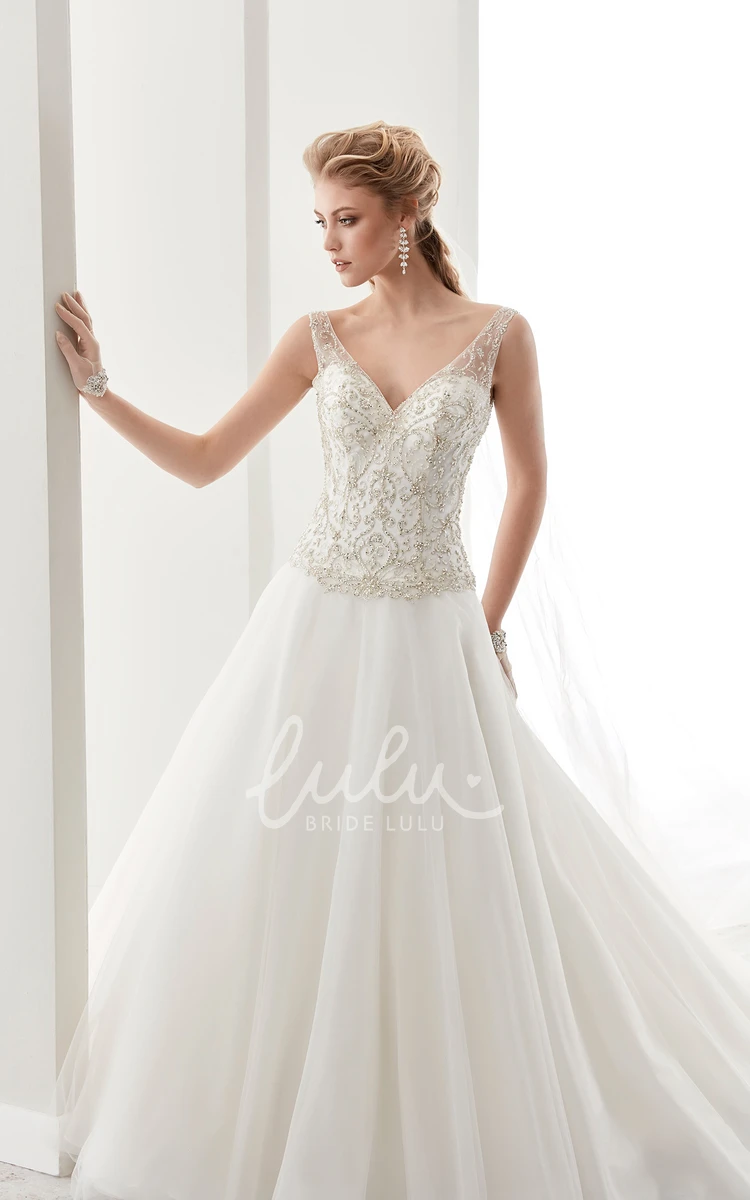 Sequin V-Neck A-Line Wedding Dress with Brush Train and Low-V Back