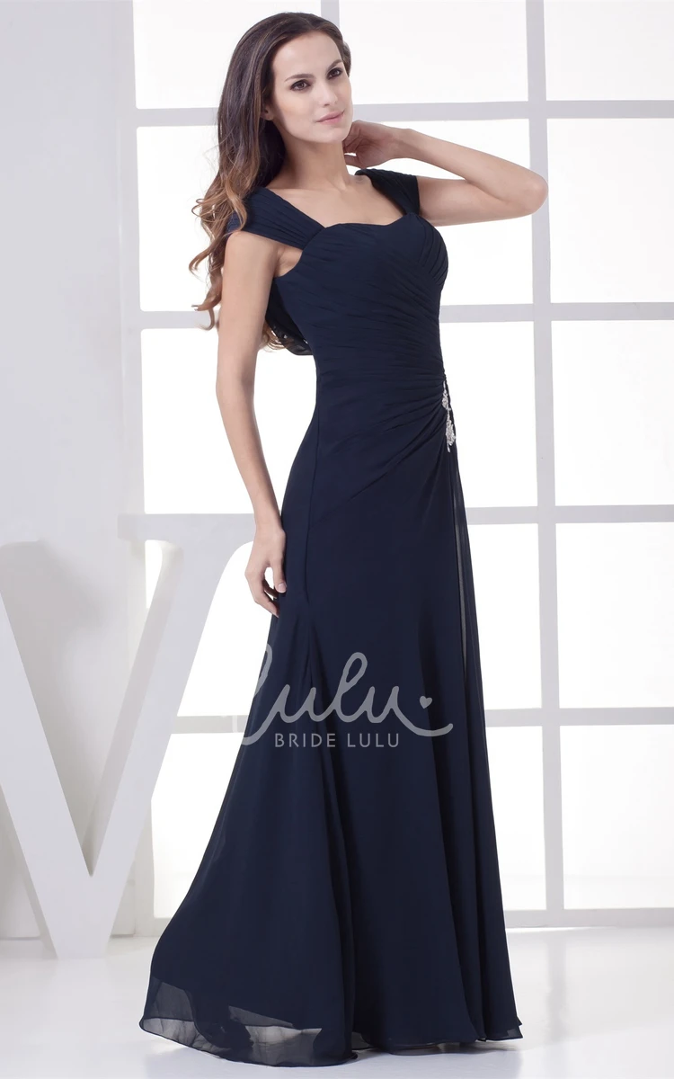 Chiffon Evening Dress with Broach Floor-Length Caped-Sleeve Formal Dress