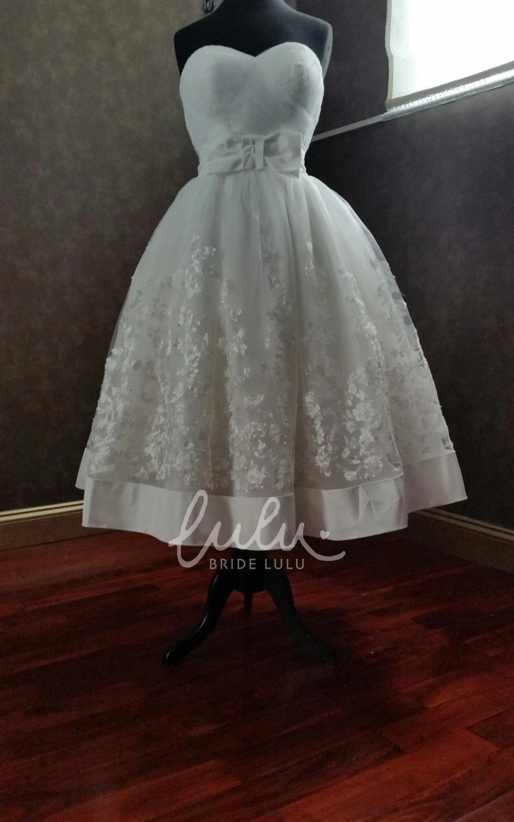 A-Line Tea-Length Wedding Dress with Applique and Bow Detail