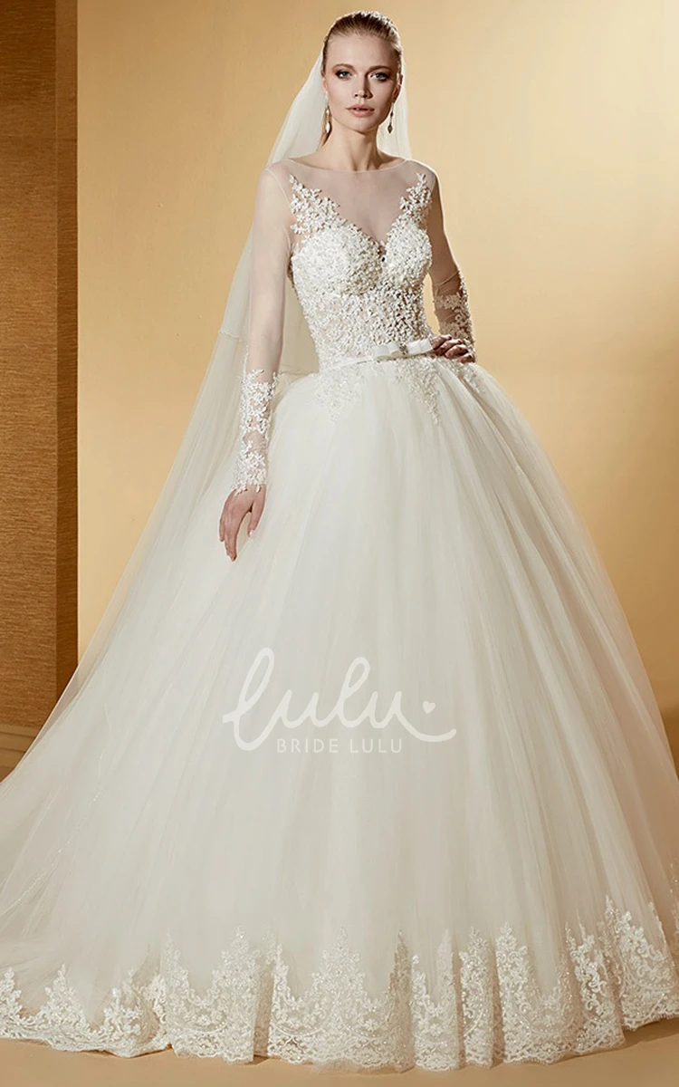 Long-Sleeve Ball Gown with Jewel Neck and Court Train Fabulous and Elegant