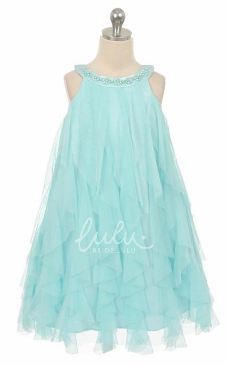 Tea-Length Floral Satin Flower Girl Dress with Beading and Ruffles