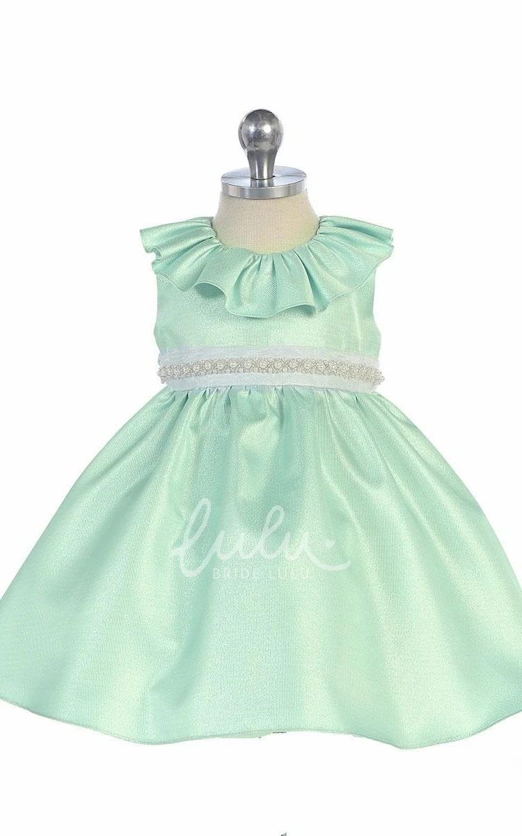 Ruffled Organza Tea-Length Flower Girl Dress with Beading