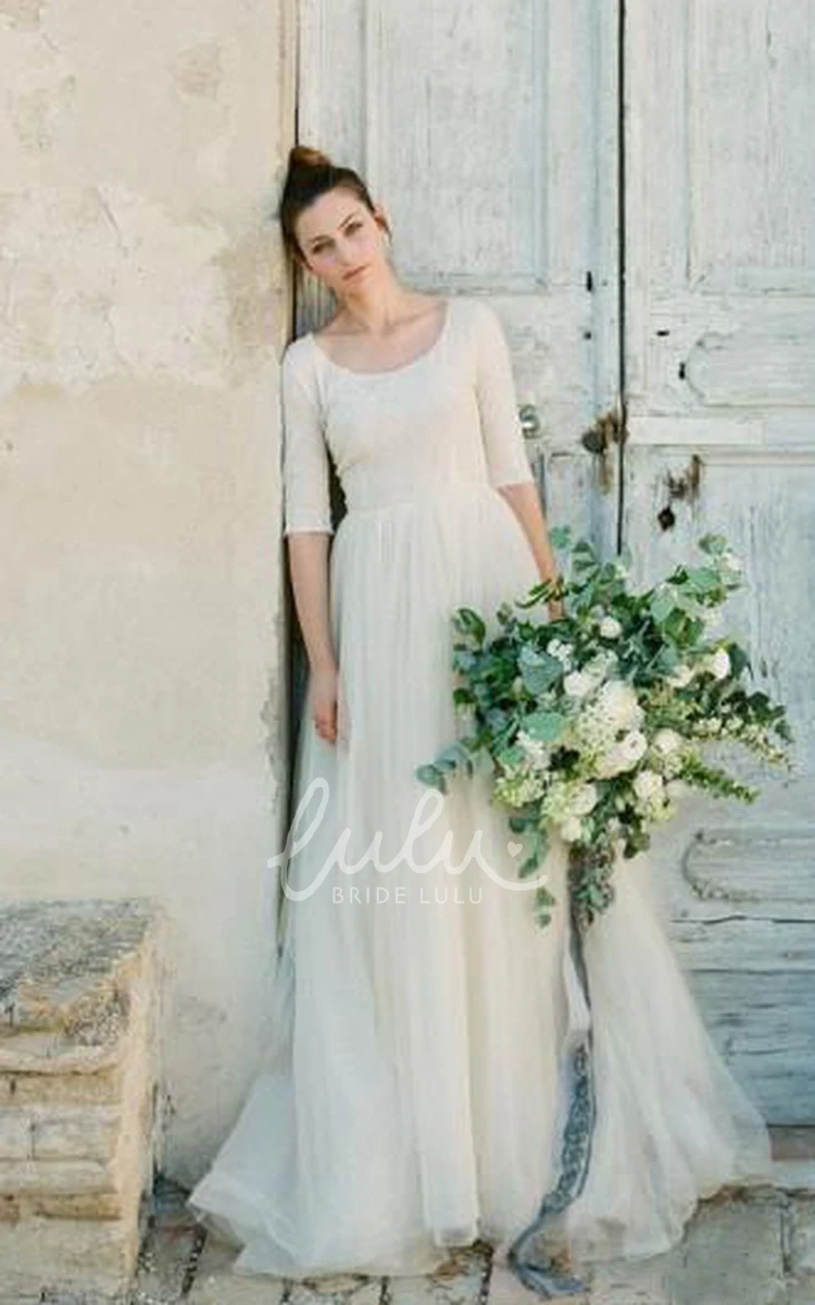 Lace Tulle A-Line Wedding Gown with Scoop Neck Zipper