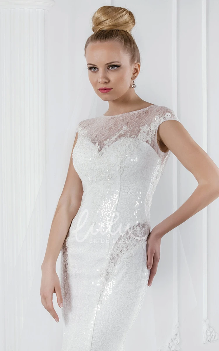 Sequined Lace Sheath Wedding Dress with Illusion Neckline