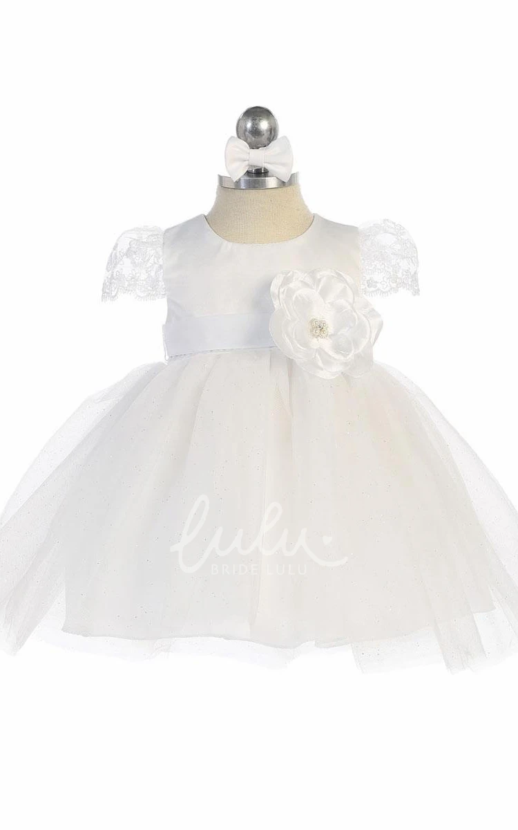 Embroidered Floral Tiered Tulle Satin Flower Girl Dress Tea-Length