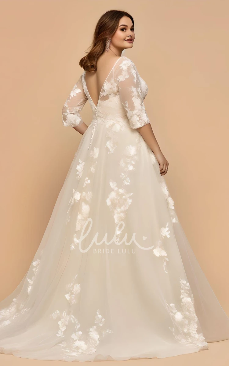 Plus Size A-Line Tulle V-neck Floor-length Wedding Dress Romantic Country Garden Women