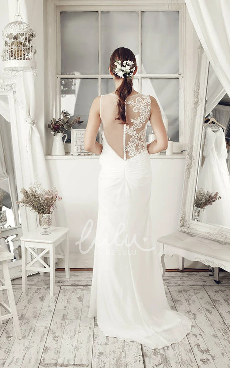 Criss-Cross Illusion Back Chiffon Sheath Wedding Dress with Appliques